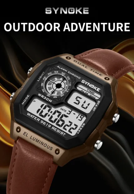 SYNOKE Original Men's Watch Leather Band Digital Watch Waterproof Sports Electronic Watch