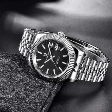 Pagani Design PD-1645 DateJust Waterproof Watch Stainless Steel quartz Fluted Bezel (Black Dial - Jubilee Bracelet)