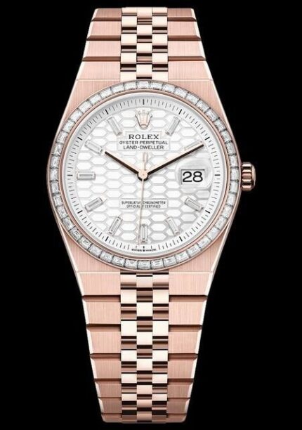 Rolex Land-Dweller 36 Rose Gold Intense White Honeycomb Motif Baguette Diamond Dial & Bezel
