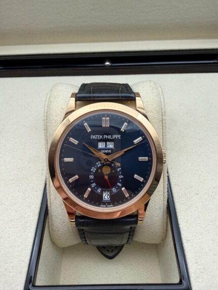 Patek Philippe Complications Annual Calendar 38.5mm Watch – Ref: 5396R-015 – Blue Moon-Phase Diamond Rose Gold Blue Alligator Strap
