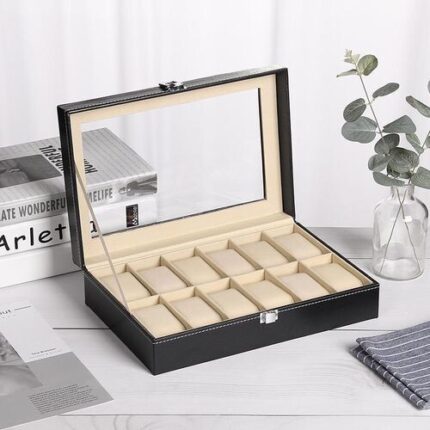 12 Slot Watch Box Organizer - Black Faux Leather Case with Glass Display Top and Removable Velvet Pillows for Men & Women
