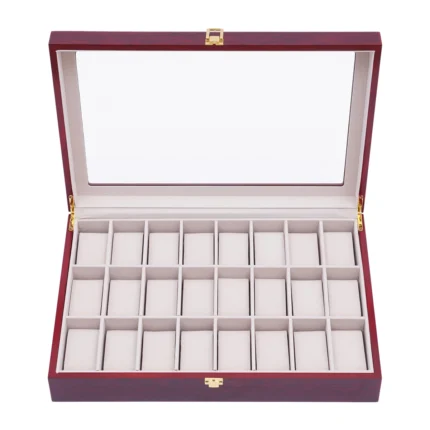24 Slot Watch Display Case Walnut Wooden Glass Top Jewelry Box Collector Gift
