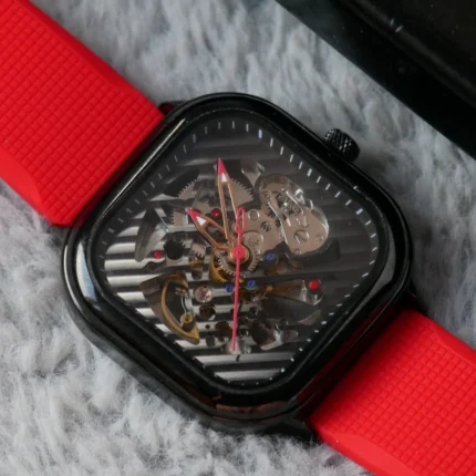 AILANG Men's Automatic Skeleton Watch – Square Black Case with Red Silicone Strap