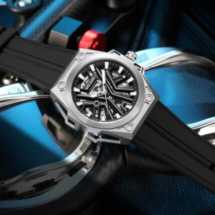 MEGIR 8603 Men’s Automatic Watch | Luxury Skeleton Dial with Black Silicone Strap