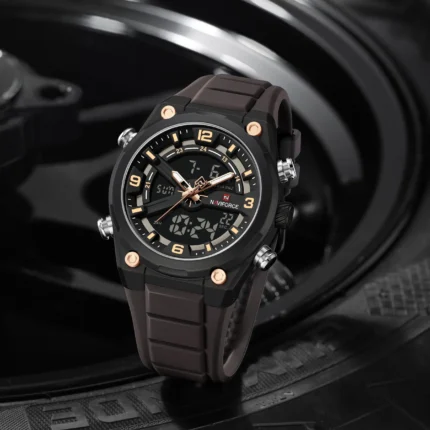 NAVIFORCE NF9265 Men's Sports Watch – Analog Digital Dual Display Chronograph with Brown Silicone Strap